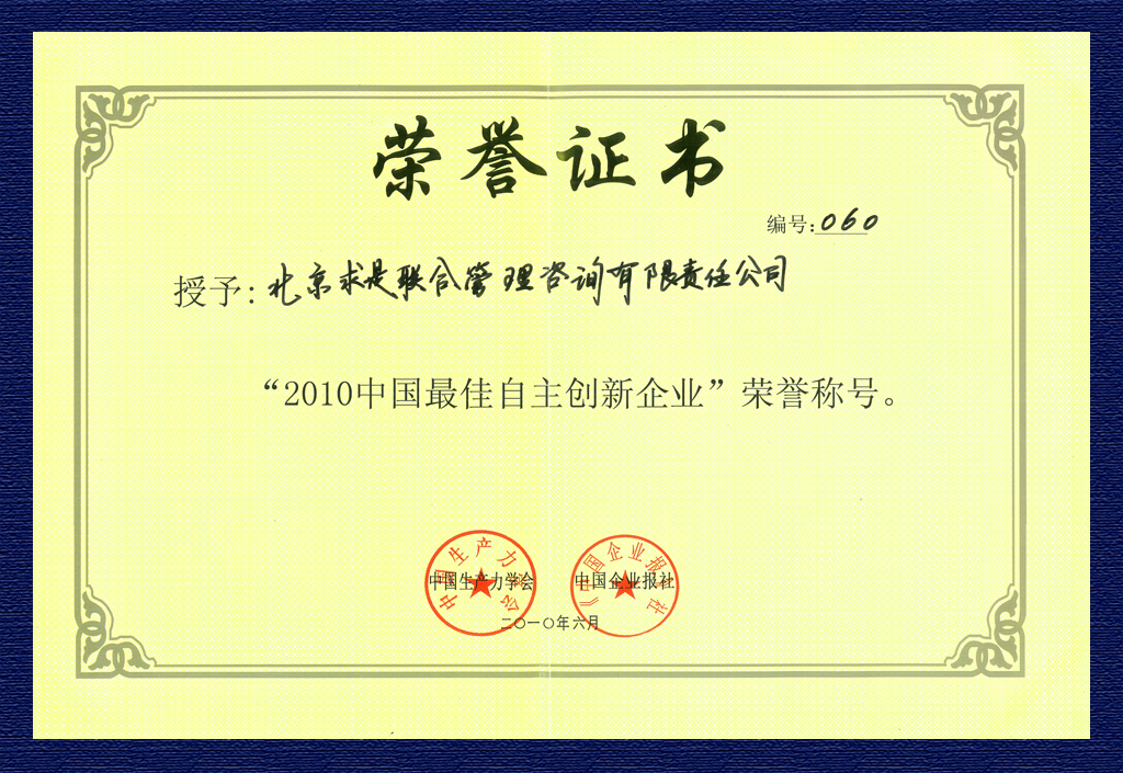 2010年中国最佳自主创新企业证书