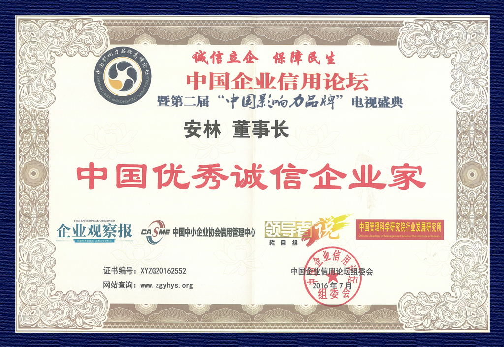 2016中国影响力品牌优秀企业家证书