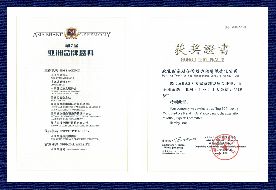 2012年第七届亚洲品牌盛典亚洲（行业）十大公信力品牌证书